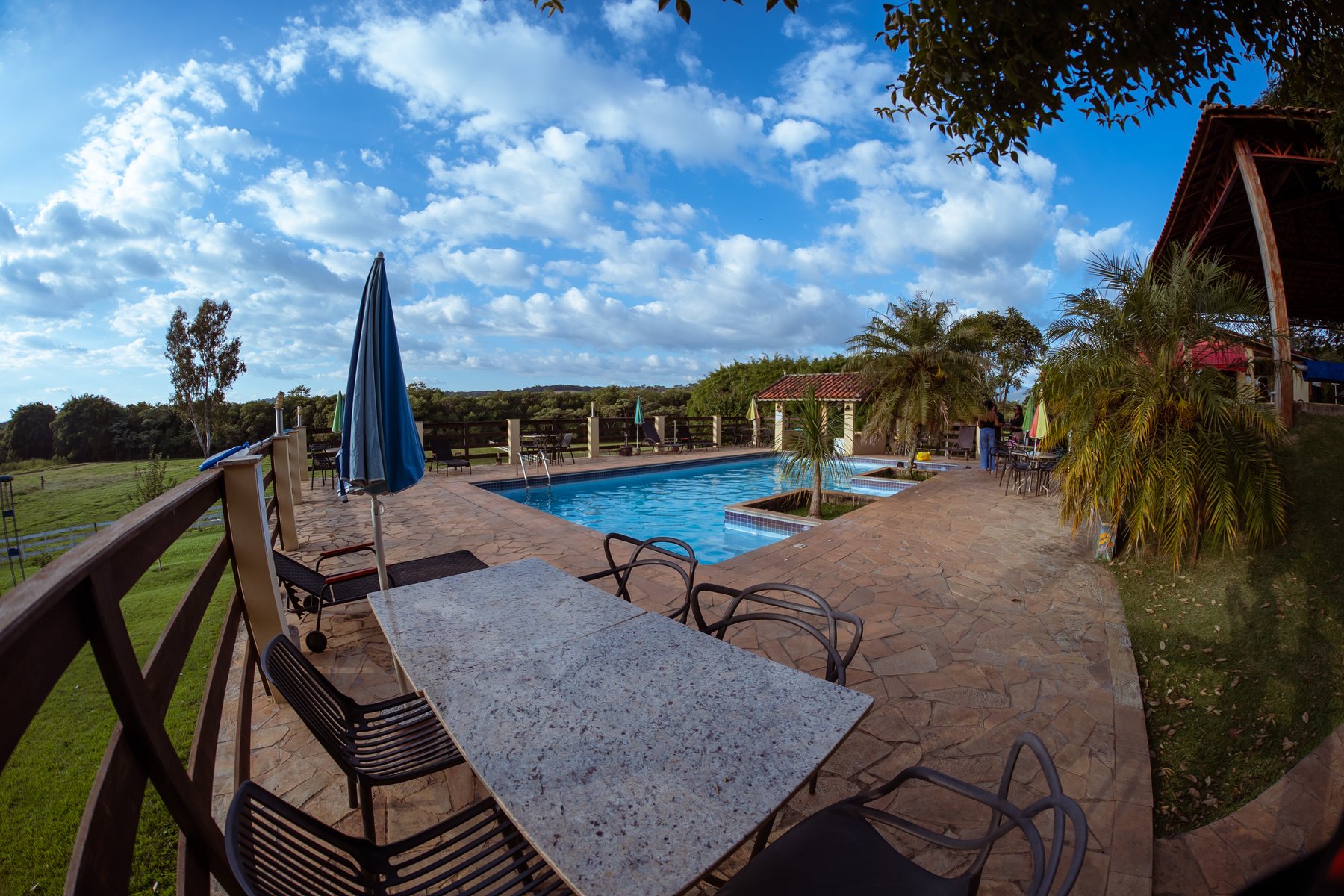 Espreguiçadeiras junto à piscina e ao verde
